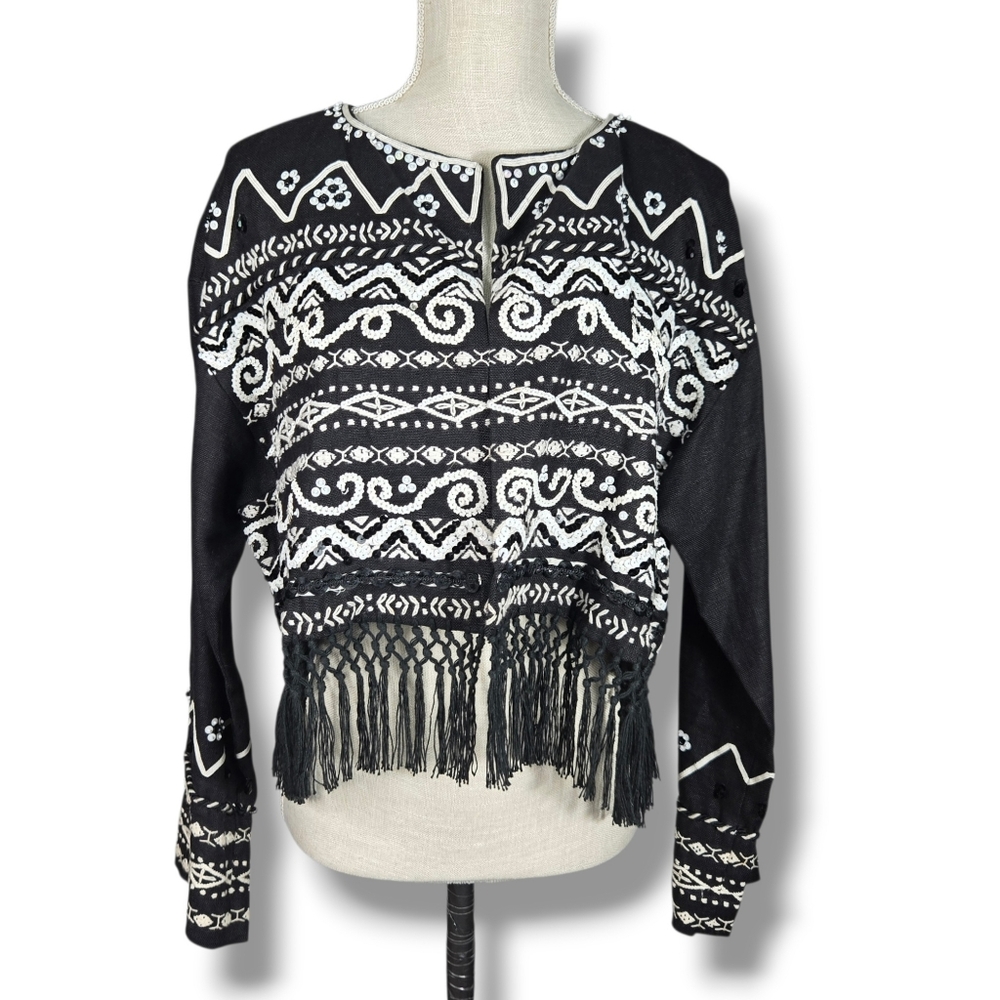 Vintage DKNY 80's Oversize Linen Blazer Black Crop Fringe Sequins Beads Small